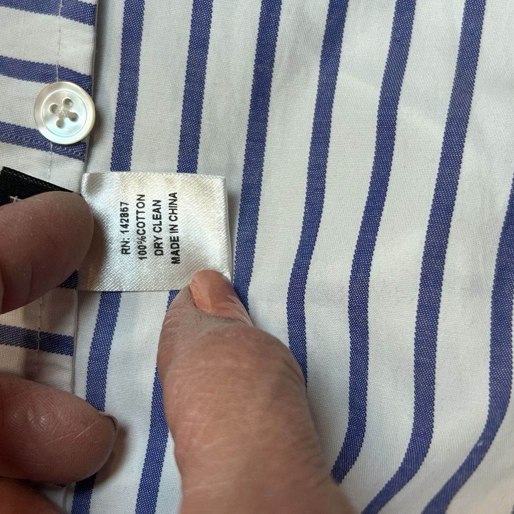 Elle Sasson 4 36 Blue White 100% Cotton Striped Button Down Shirt Top Asymmetric - Picture 8 of 9